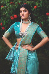 Turquoise Green Cotton Silk Digital Floral Print Saree-4436